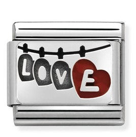 330208/04 CL OXIDIZED PLATES,steel,enamel,925 silver,Love with hanging hearts