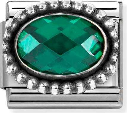 330607/027 FACETED CZ, steel, OXIDIZED OVAL BEADED RICH SETTING 925 silver Emerald Green