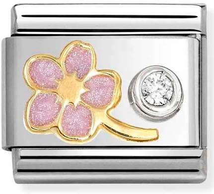 630302/08 Classic steel, enamel, 750 gold, 925 silver, CZ Myosotis PINK cz WHITE
