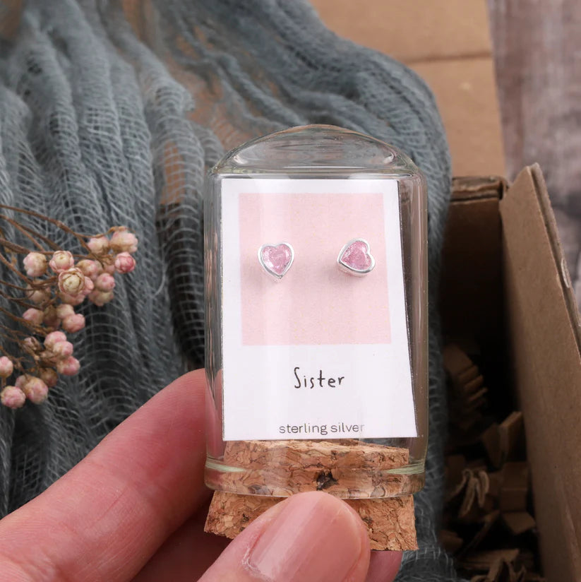 Attic Creations Sister Crystal Pink Heart Earrings