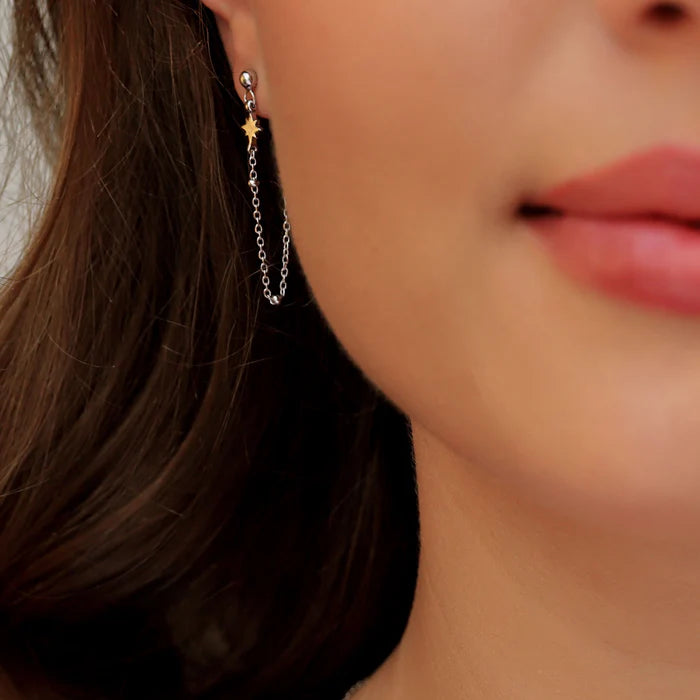 Gold Trip Star Chain Drop Earrings Rhodium Plated Sterling Silver
