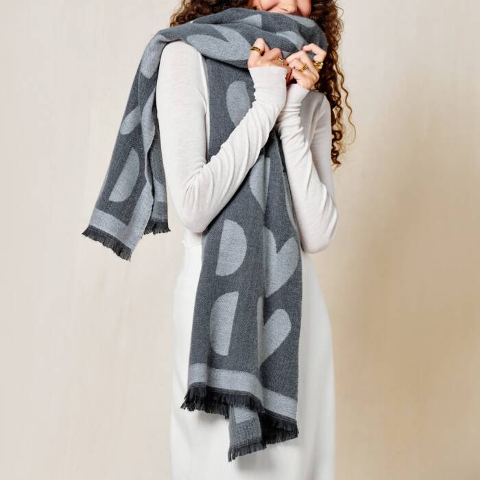 Katie Loxton Printed Blanket Scarf Large Heart Charcoal/White