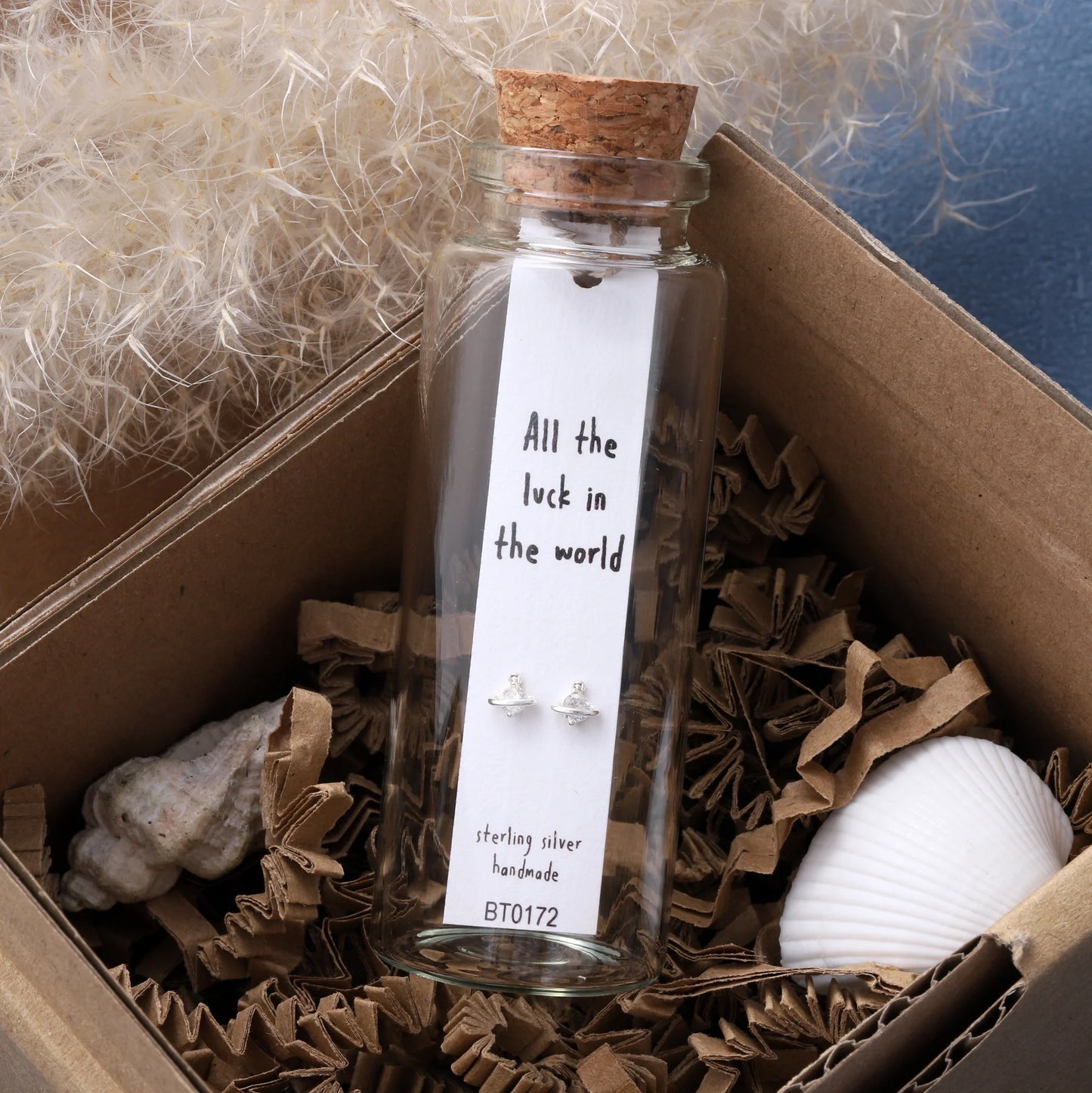 Attic Creations Message Bottle Planet Crystal Earrings All The Luck In The World