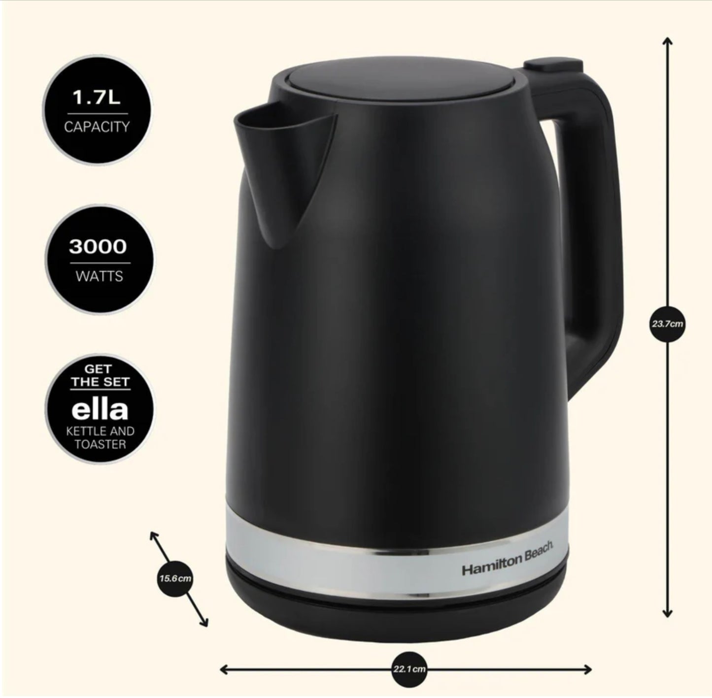 Hamilton Beach Ella Kettle Matt Black 1.7L