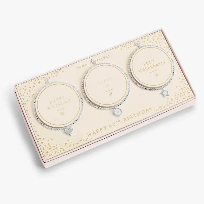 Joma Jewellery Celebration Set Happy 60th Birthday Silver Set of 3 Bracelets