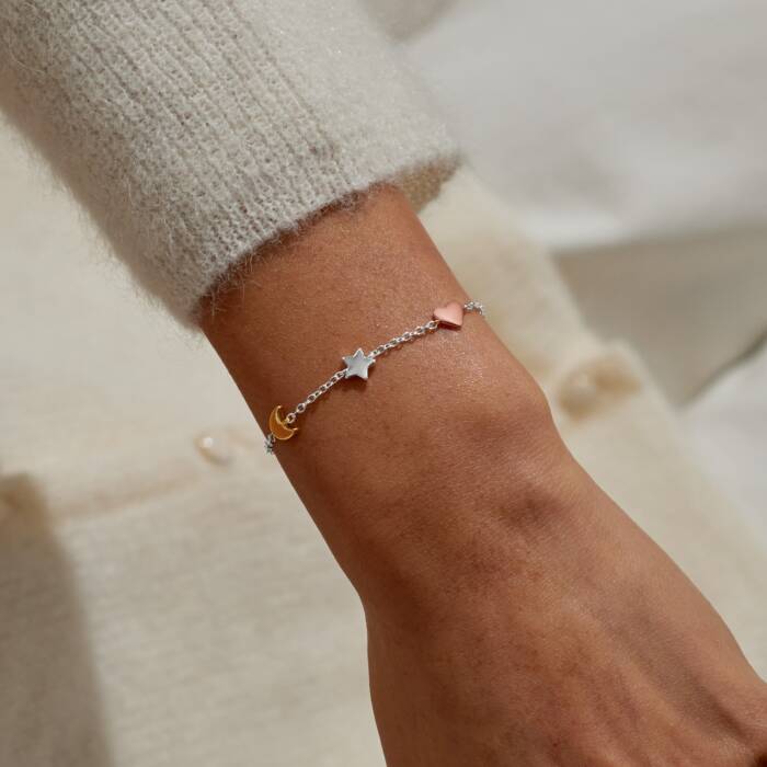 Joma Jewellery Mini Charms Moon Heart Stars Silver, Gold & Rose Gold Plated Bracelet