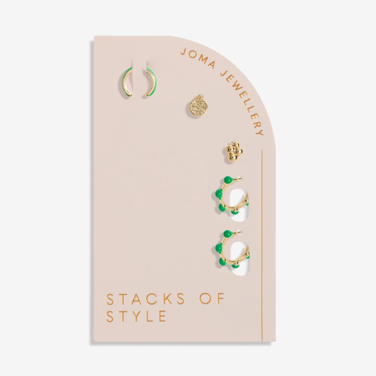 Joma Jewellery Stacks Of Style Green Enamel Gold Plated Set Of Earrings