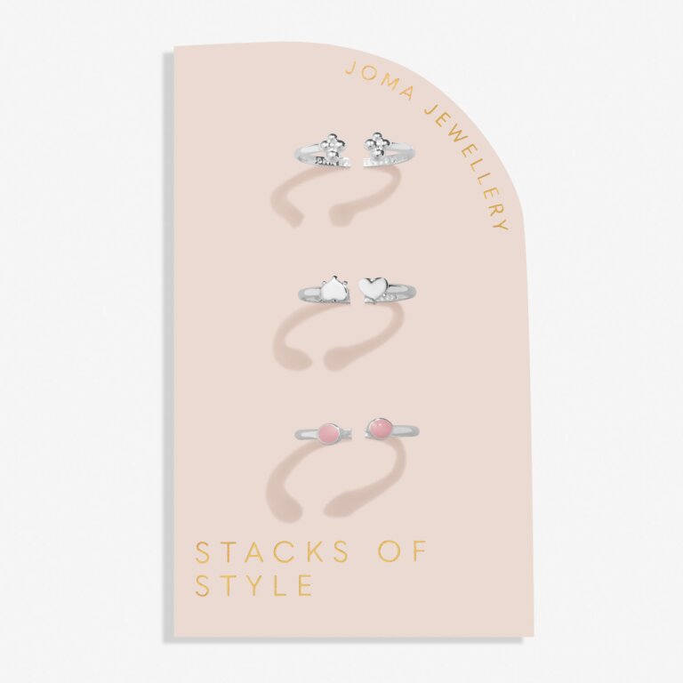 Joma Jewellery Stacks Of Style Pink Enamel Silver Plated Set Of 3 Rings