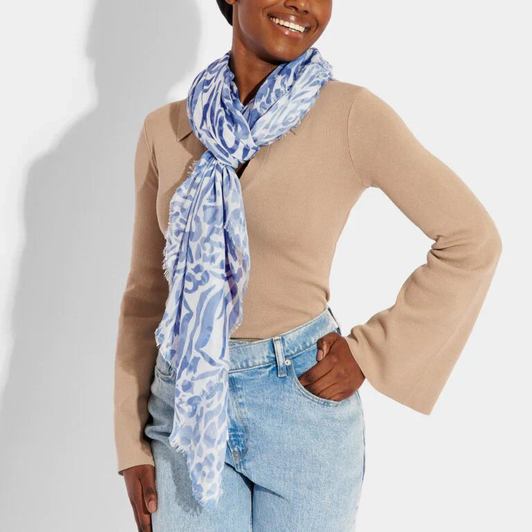 Katie Loxton Animal Printed Scarf White Blue Watercolour