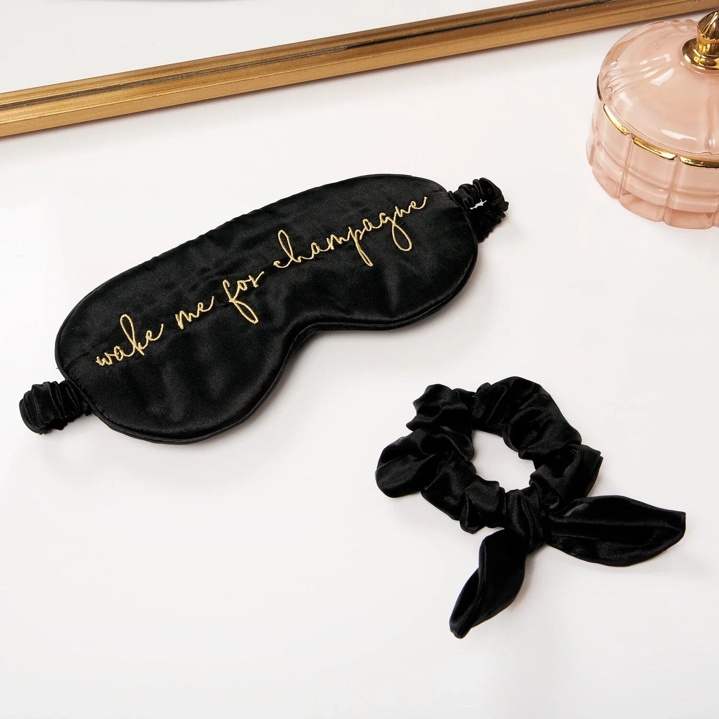 Katie Loxton Eye Mask And Scrunchie Set Wake Me For Champagne Black