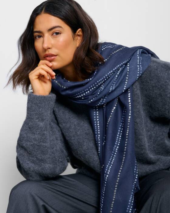 Katie Loxton Printed Foil Scarf Dotted Stripe Navy/White/Silver Foil