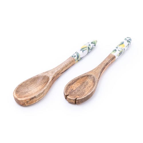 Wooden Fork and Spoon Salad Servers With Enamel Lemons