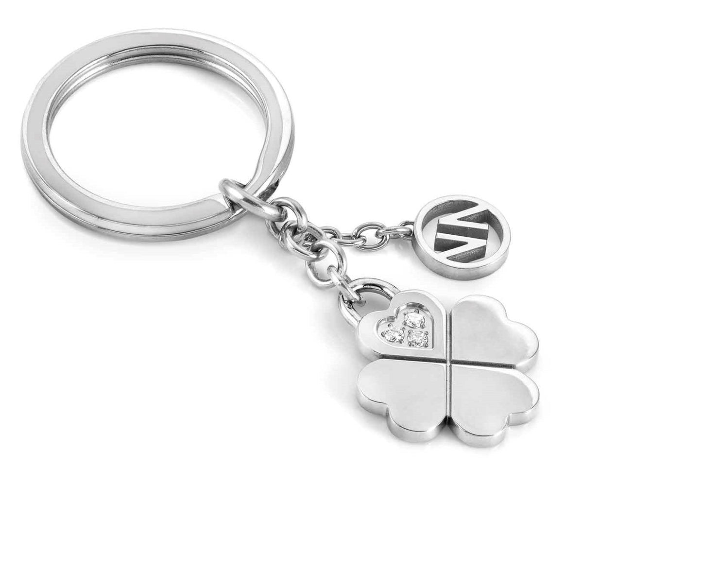 KEYRINGS key ring in steel and crystals (001_Four-leaf clover)