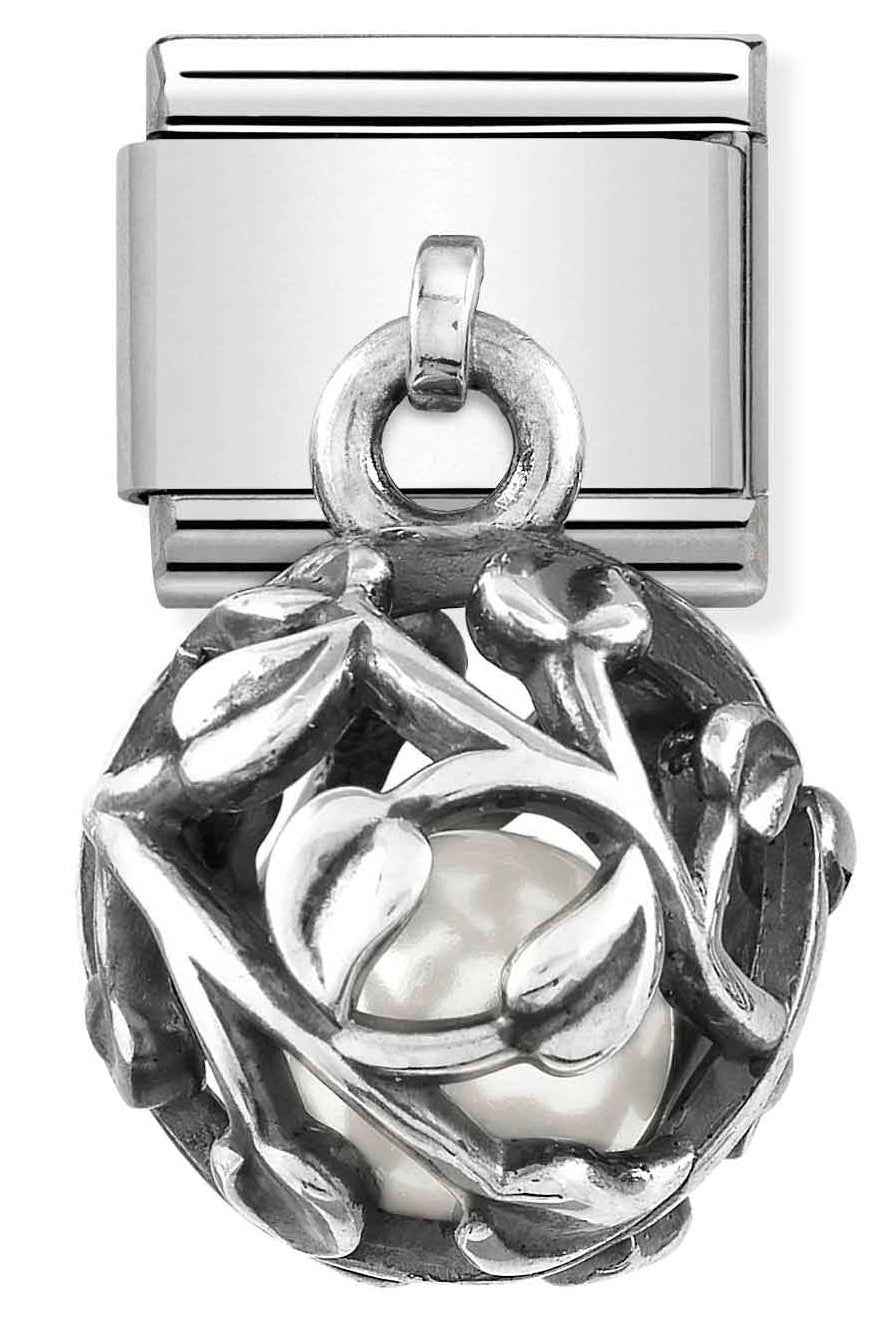 331810/05 Classic CHARMS ROUND CAGES S.steel,925 silver & stones WHITE PEARL Leaves