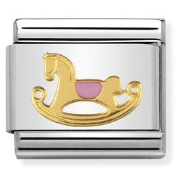 030242/43 Classic bonded yellow Gold & Enamel Pink Rocking Horse