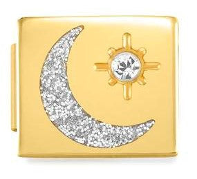 230308/04 Glam steel, cz Fin, YELLOW GOLD Moon and Star