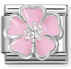 330321/14 Classic S/Steel, enamel, CZ, 925 sterling silver PINK flower with cz