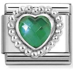 330605/004 Classic FACETED STONES, steel, 925 silver HEART with DOTS RICH SETTING GREEN