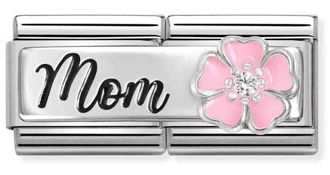 330734/20 DOUBLE Classic DETAILED steel, enamel, cz 925 sterling silver Mom with flower