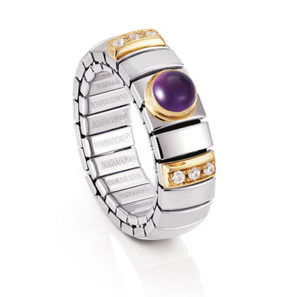 EXTENSION N.Y. Ring (S) in stainless steel with 18k gold? Cubic Zirconia and semiprecious stones (002_AMETHYST)
