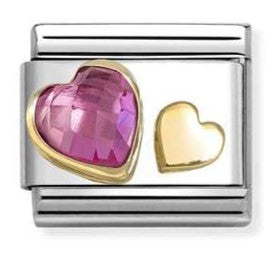 030613/09 Classic FACETED CZ with SYMBOLS in steel, 18k gold DARK PINK heart