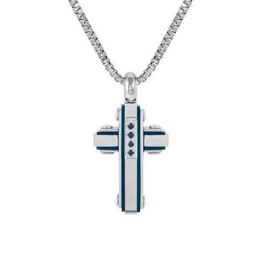 STRONG necklace ed. DIAMOND, steel with fin. PVD (CROSS) and 4 stones Blue sapphire