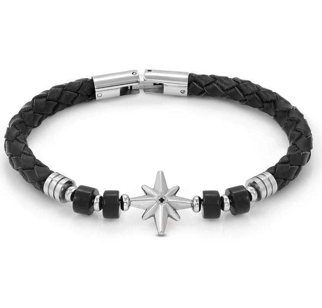 ATLANTE Stones Edition bracelet in steel, leather and natural stones Wind rose-Black Agate