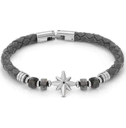 ATLANTE Stones Edition bracelet in steel, leather and natural stones Wind rose-Grey Jasper