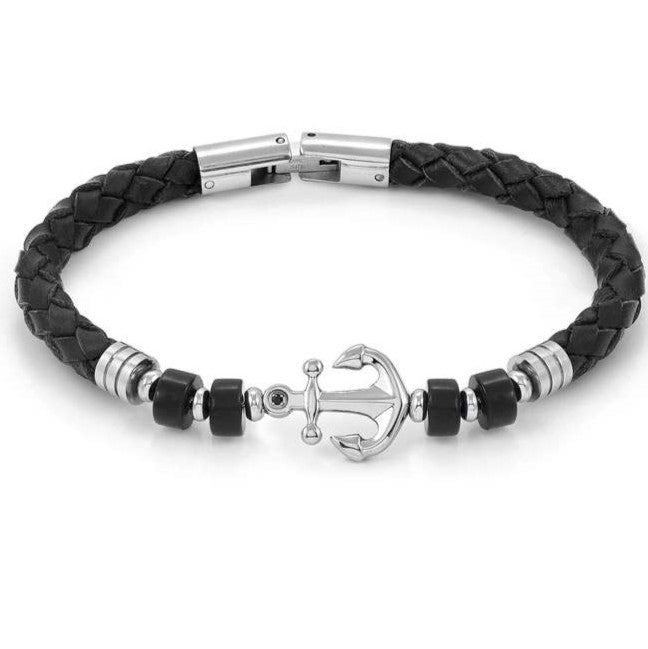 ATLANTE Stones Edition bracelet in steel, leather and natural stones Anchor-Agate Black