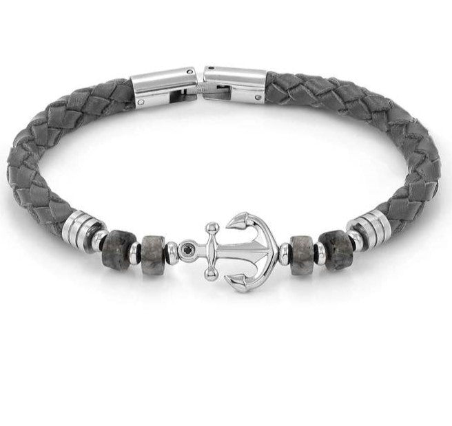 ATLANTE Stones Edition bracelet in steel, leather and natural stones Anchor-Gray Jasper