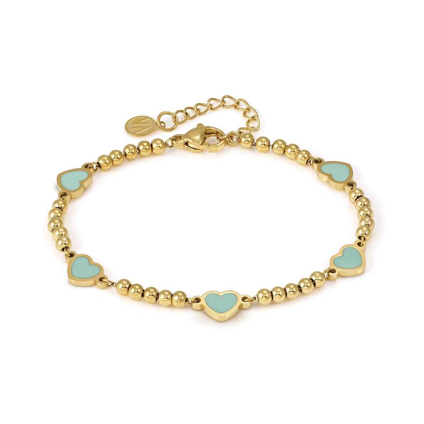 EMOSFERE bracelet in steel 5 symbols with fin. YELLOW GOLD and enamel HEART GREEN WATER