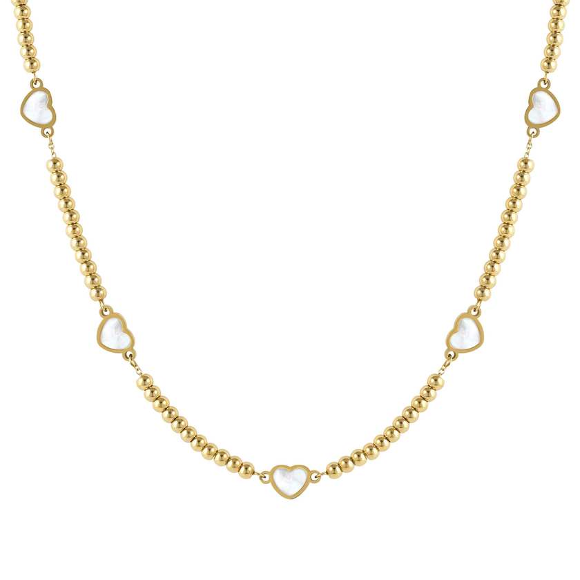 EMOSFERE necklace in steel (RICH) 5 symbols with YELLOW GOLD fin. and mother of pearl White heart