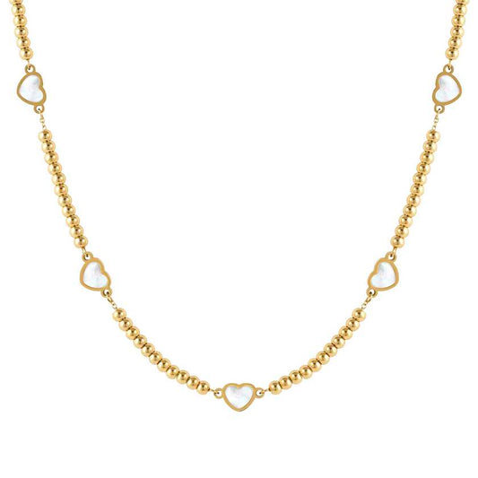 EMOSFERE necklace in steel (RICH) 5 symbols with YELLOW GOLD fin. and mother of pearl White heart