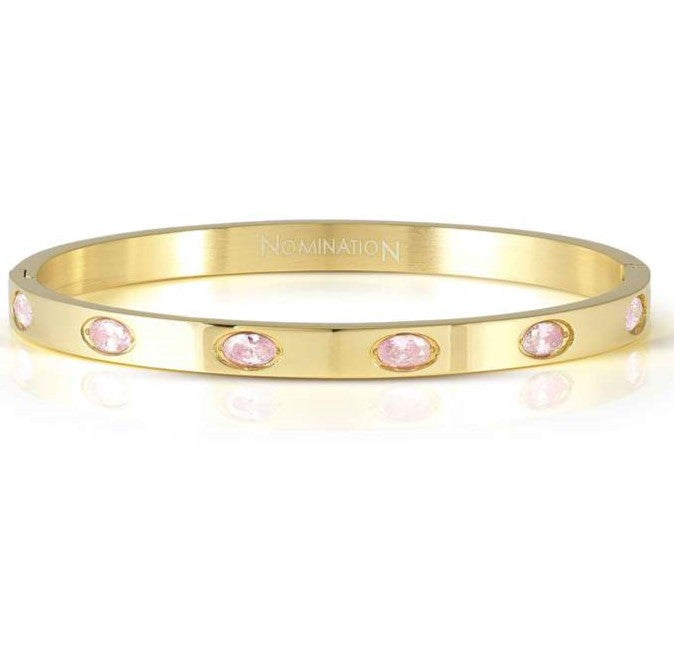 PRETTY BANGLES New Edition bracelet in steel and 6 oval cz (MEDIUM SIZE) PINK fin. Yellow gold