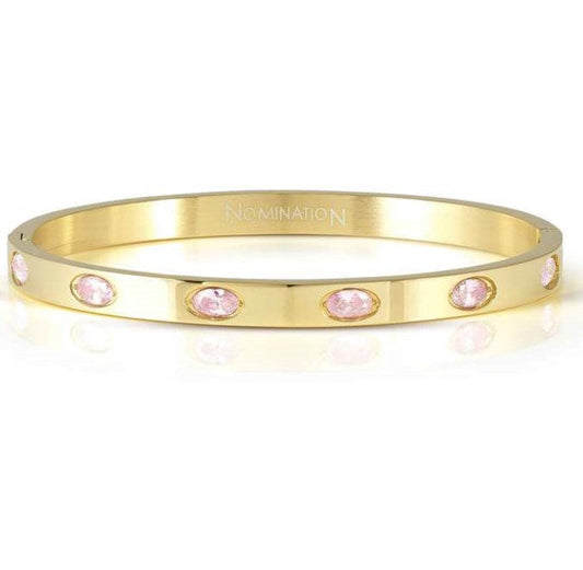 PRETTY BANGLES New Edition bracelet in steel and 6 oval cz (LARGE SIZE) PINK fin. Yellow gold
