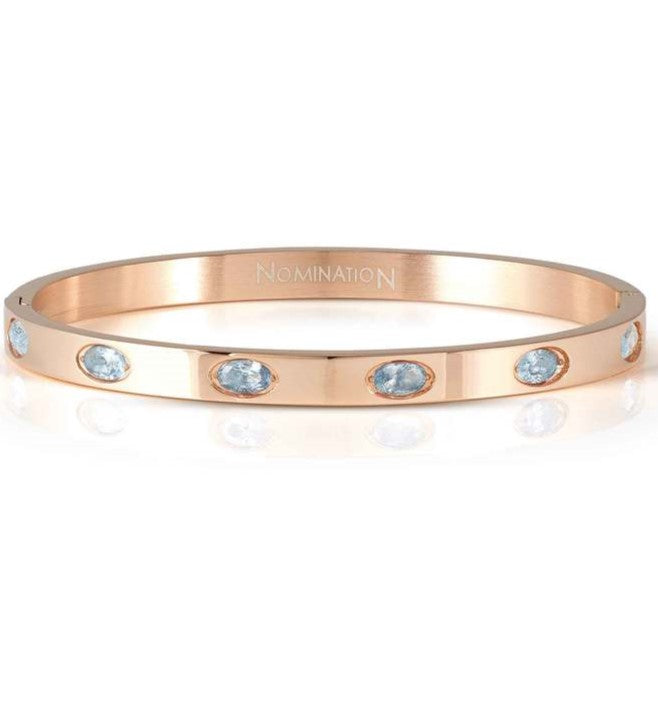 PRETTY BANGLES New Edition bracelet in steel and 6 oval cz (LARGE SIZE) LIGHT BLUE Rose Gold finish