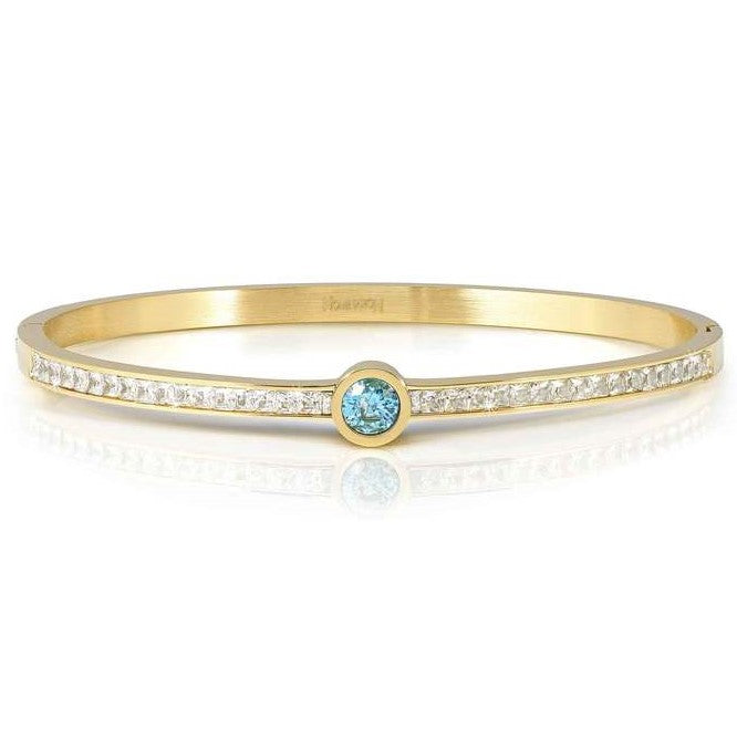 PRETTY BANGLES New Edition bracelet in steel, CENTRAL cz and PAVE' (LARGE SIZE) lLIGHT BLUE fin. Yellow gold