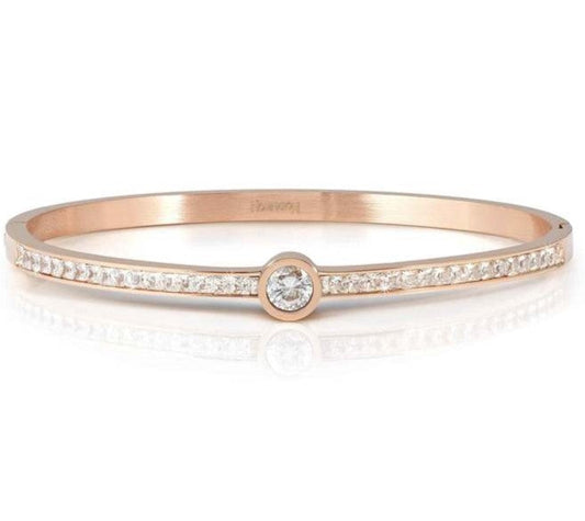 PRETTY BANGLES New Edition bracelet in steel, CENTRAL cz and PAVE' (MEDIUM SIZE) WHITE Rose Gold finish