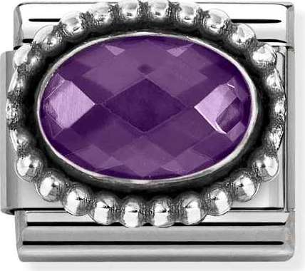 330607/001 FACETED CZ, steel, OXIDIZED OVAL BEADED RICH SETTING 925 silver Purple