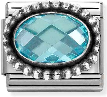 330607/006 FACETED CZ, steel,OXIDIZED OVAL BEADED RICH SETTING 925 silver LIGHT BLUE