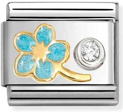 630302/09 Classic steel, enamel, 750 gold, 925 silver, CZ Myosotis LIGHT BLUE cz WHITE