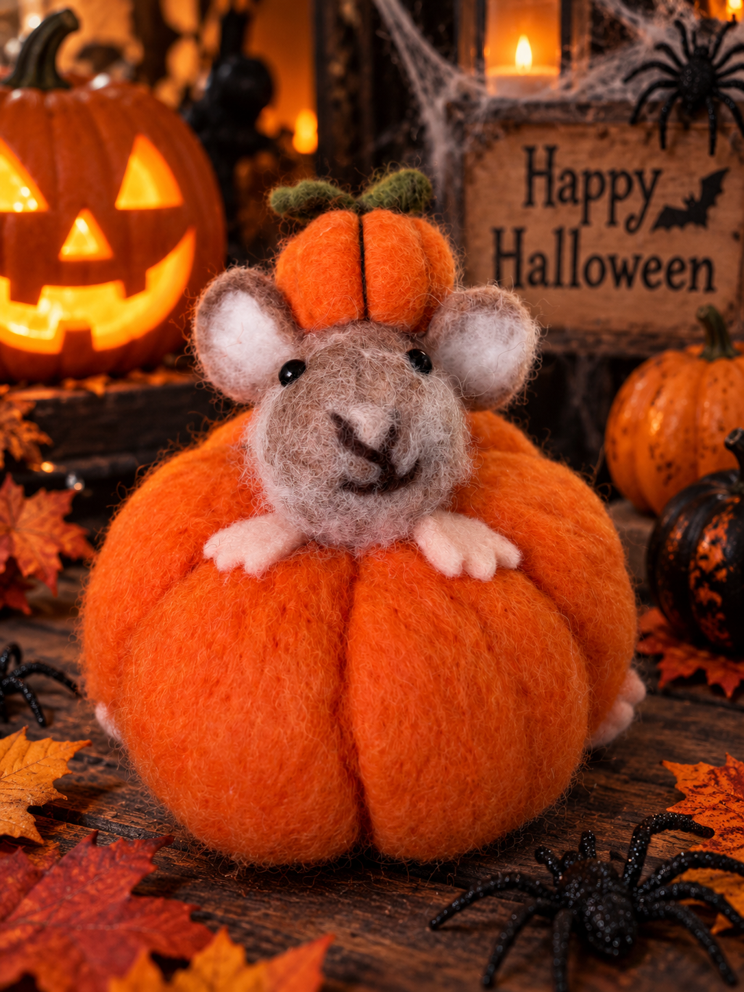 Orange Felt Pumpkin With Mouse Decoration
