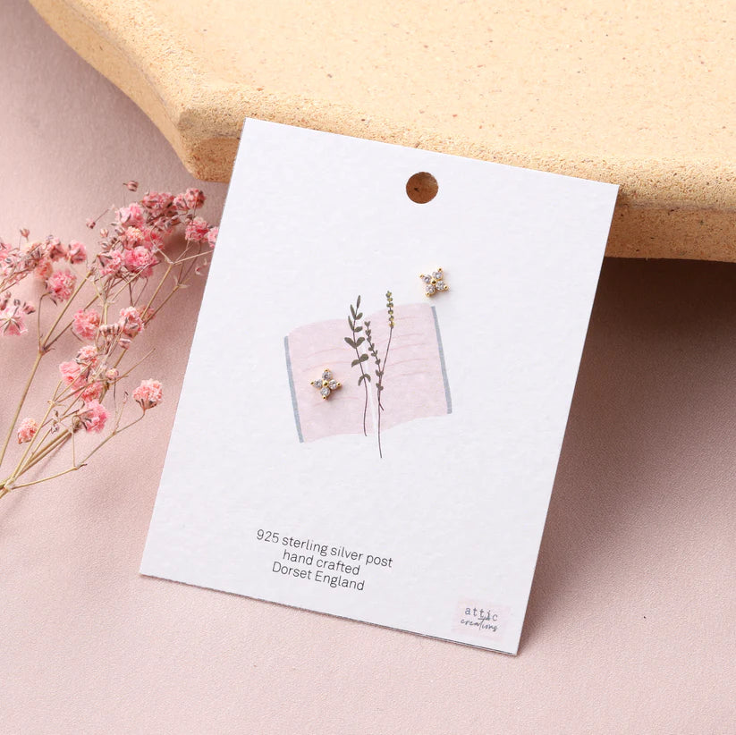 Attic Creations Card Four Crystals Sparkle Earrings Studs Gold/Clear