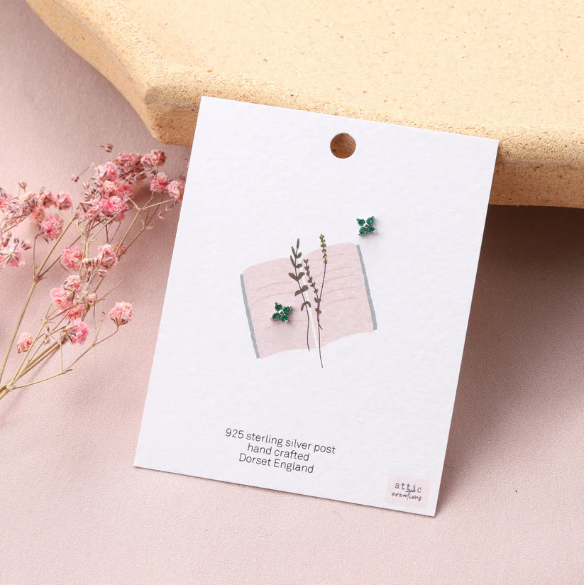 Attic Creations Card Four Crystals Sparkle Earrings Studs Silver/Green