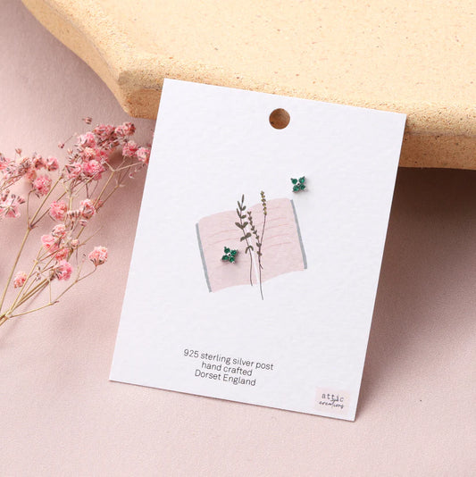 Attic Creations Card Four Crystals Sparkle Earrings Studs Silver/Green