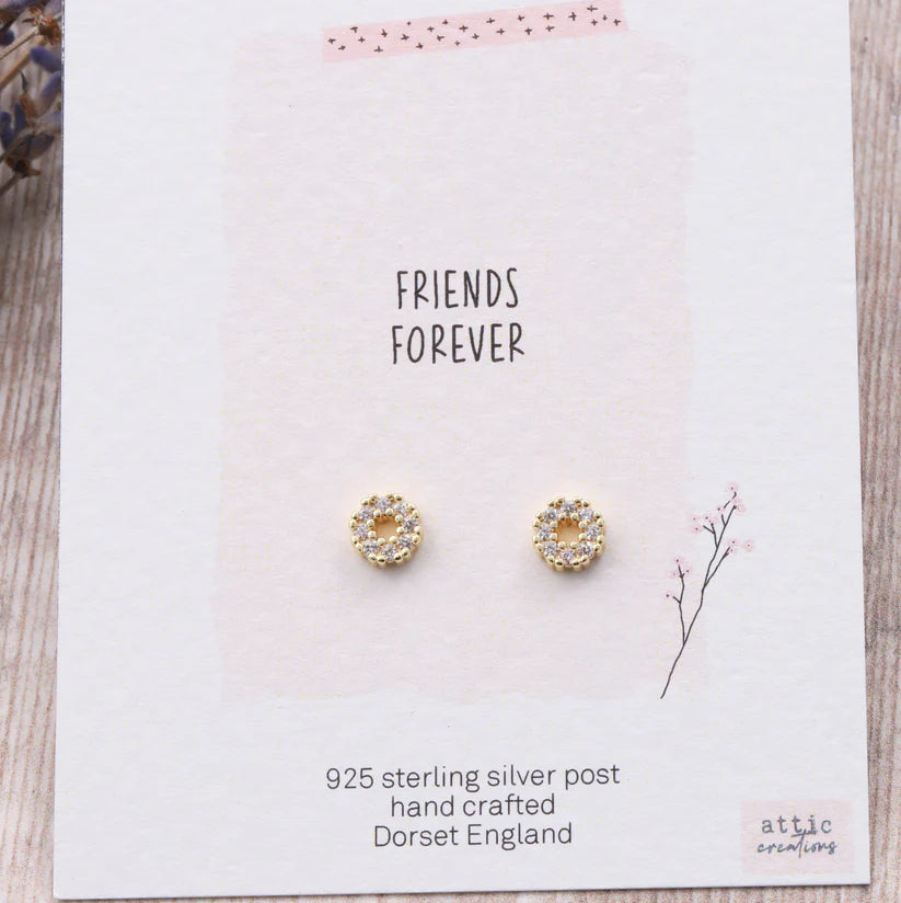 Attic Creations Card Friends Forever Circle Crystal Inlaid Earrings Gold