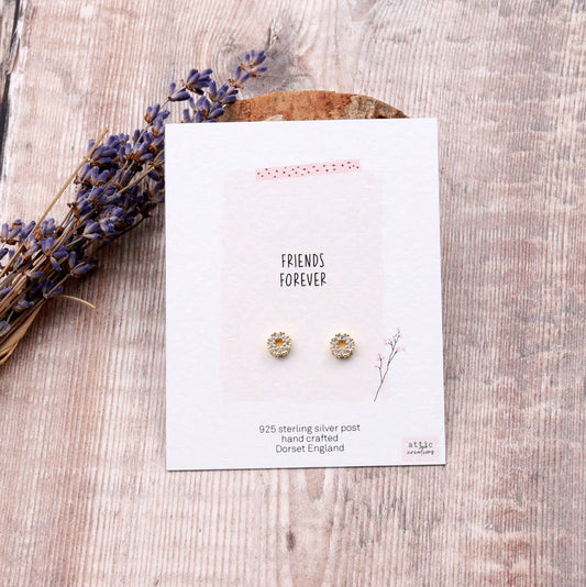 Attic Creations Card Friends Forever Circle Crystal Inlaid Earrings Gold