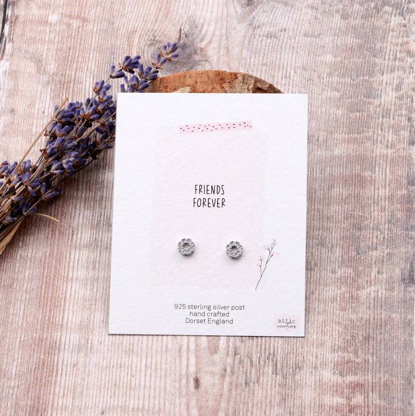 Attic Creations Card Friends Forever Circle Crystal Inlaid Earrings Silver