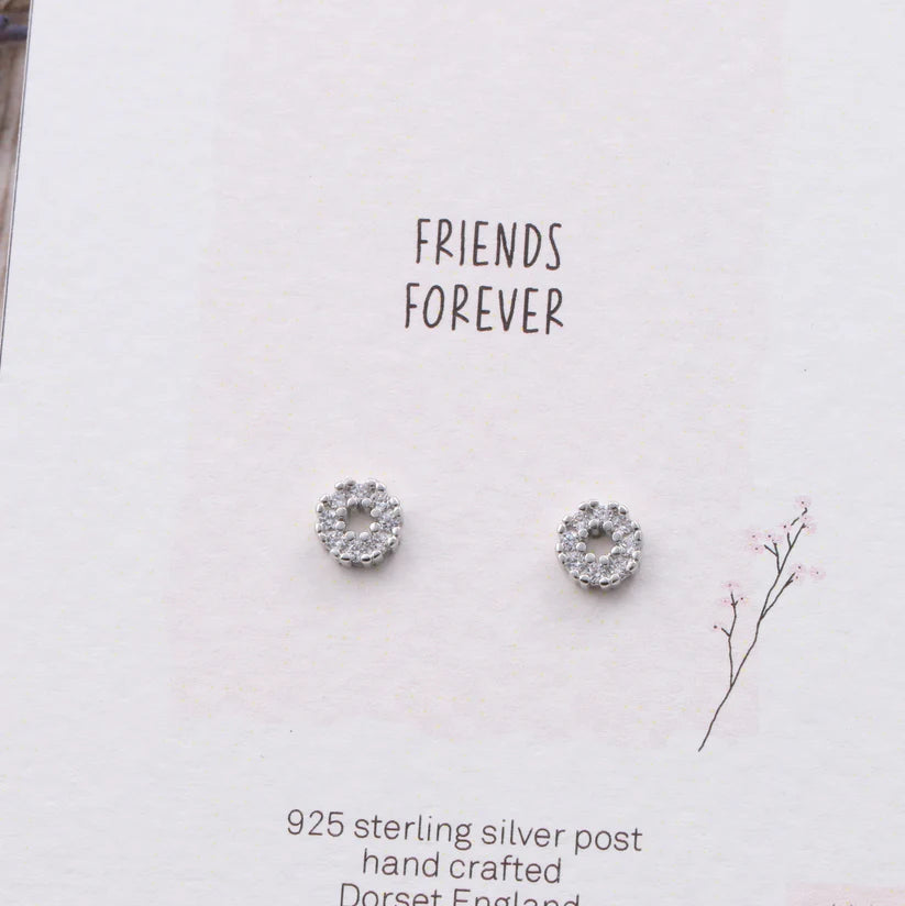 Attic Creations Card Friends Forever Circle Crystal Inlaid Earrings Silver