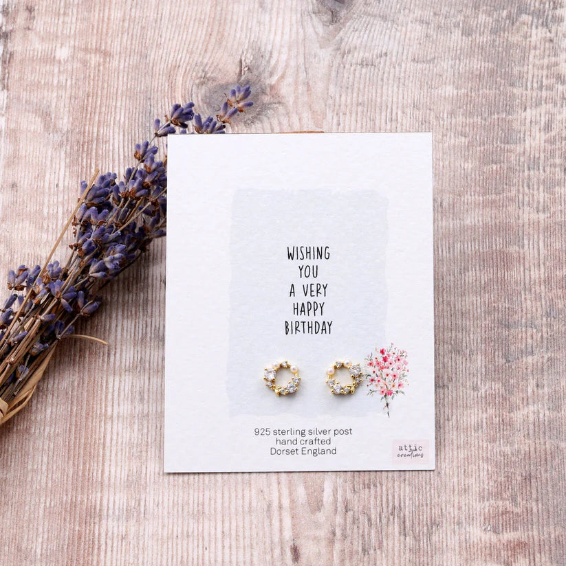 Attic Creations Card Gem And Crystal Wreath Earrings Wishing You A Very Happy Birthday